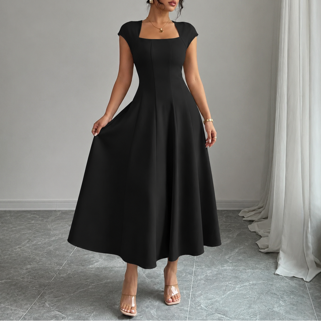 Aurelia Square-Neck Midi Dress in Black, front view
