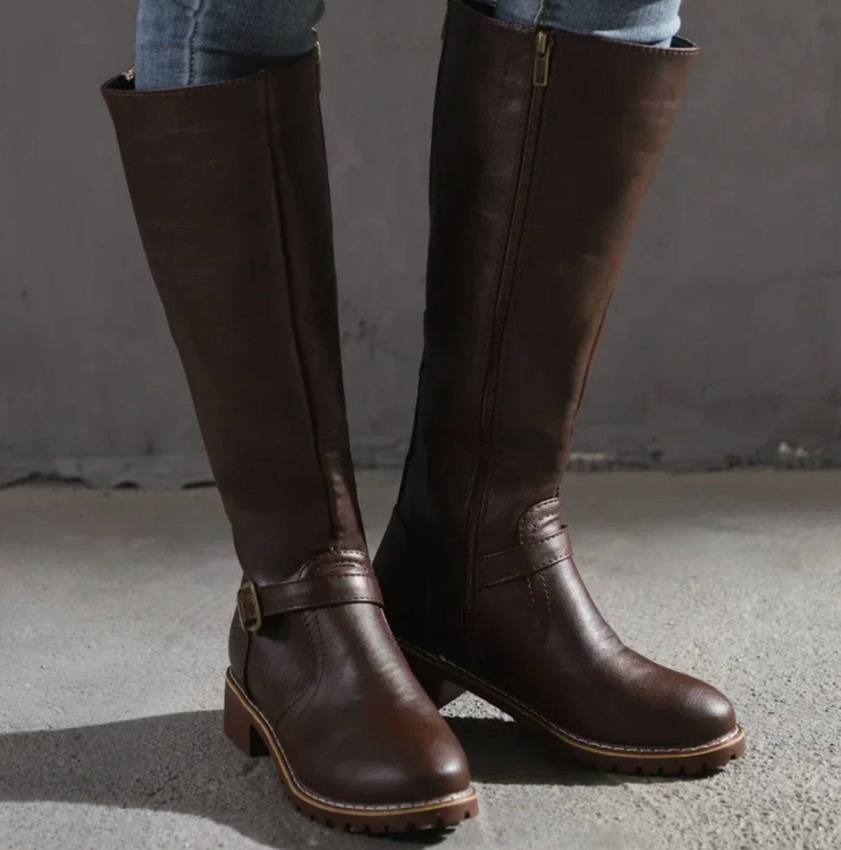 Cosima Grained Riding Boots in Dark Brown, front view