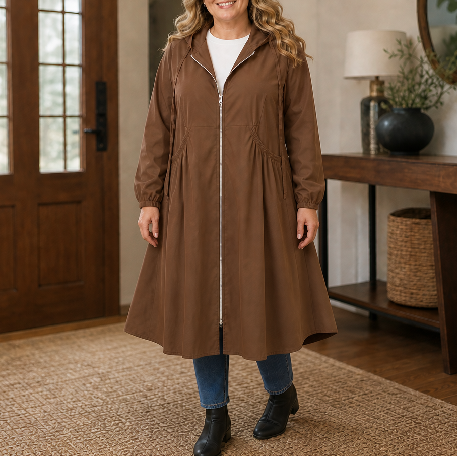 Giselle Peplum Rain Jacket in Brown, front view