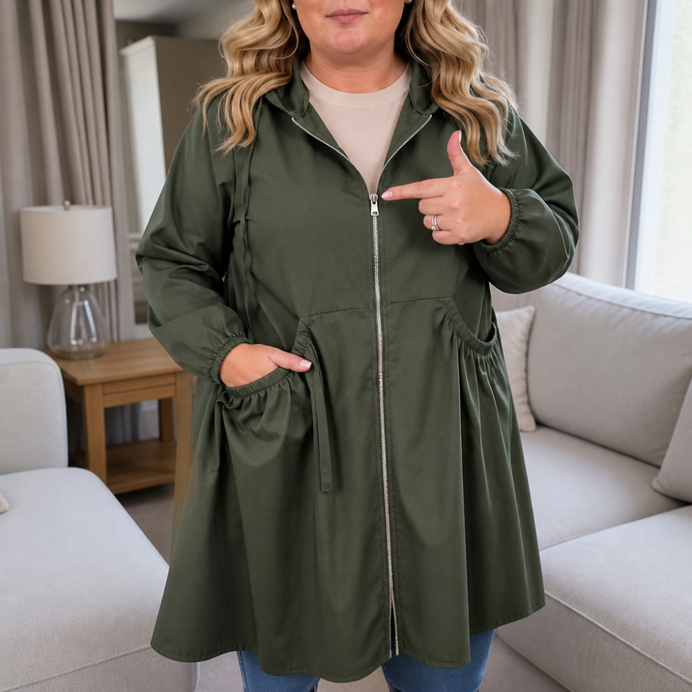 Giselle Peplum Rain Jacket in Olive, front view