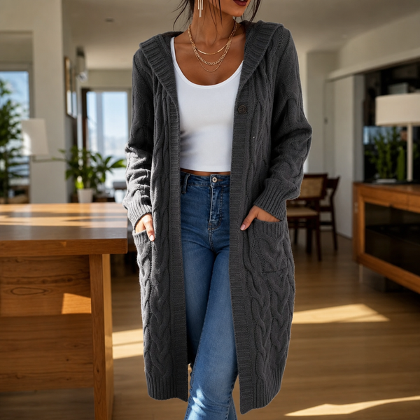 Imogen Hooded Cable-Knit Cardigan in Dark Gray, front view