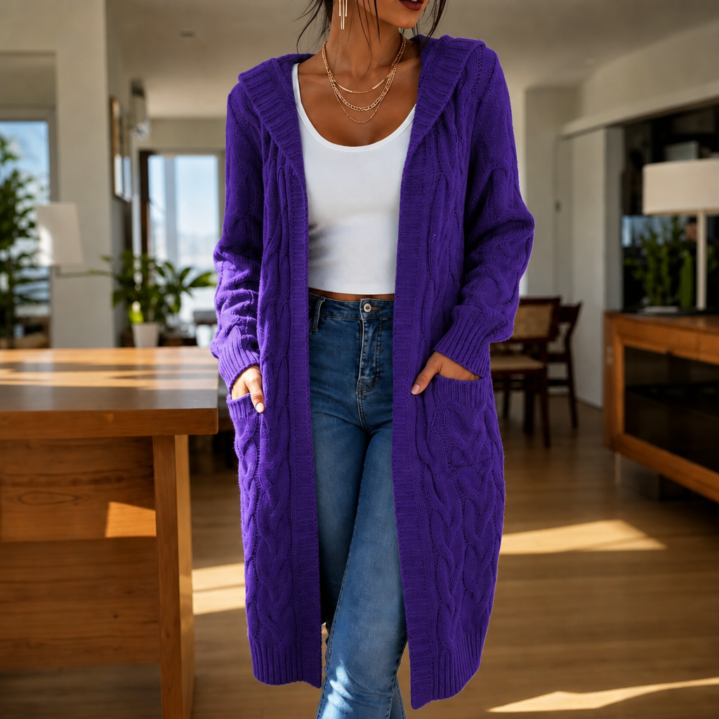 Imogen Hooded Cable-Knit Cardigan, front view