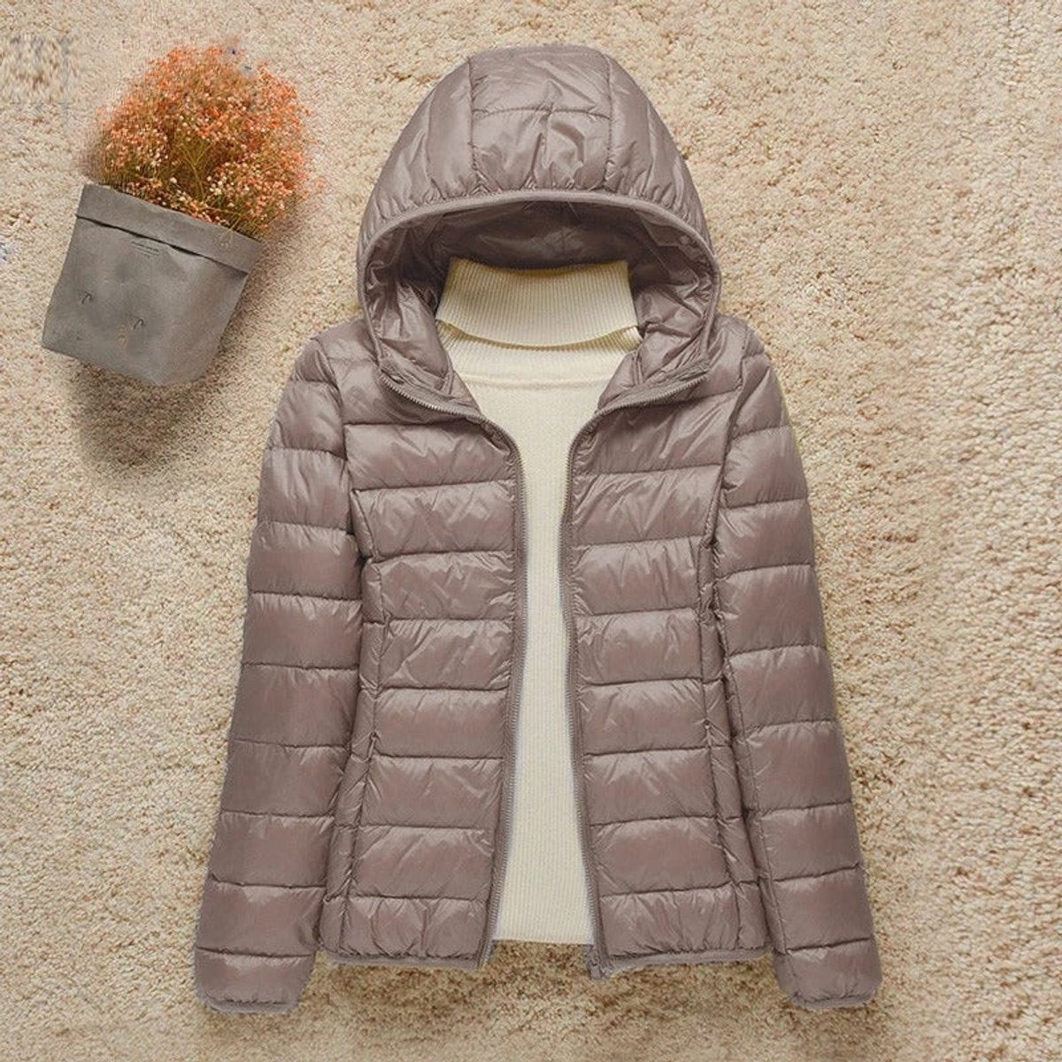 Juniper Packable Puffer Jacket in Taupe, product photo