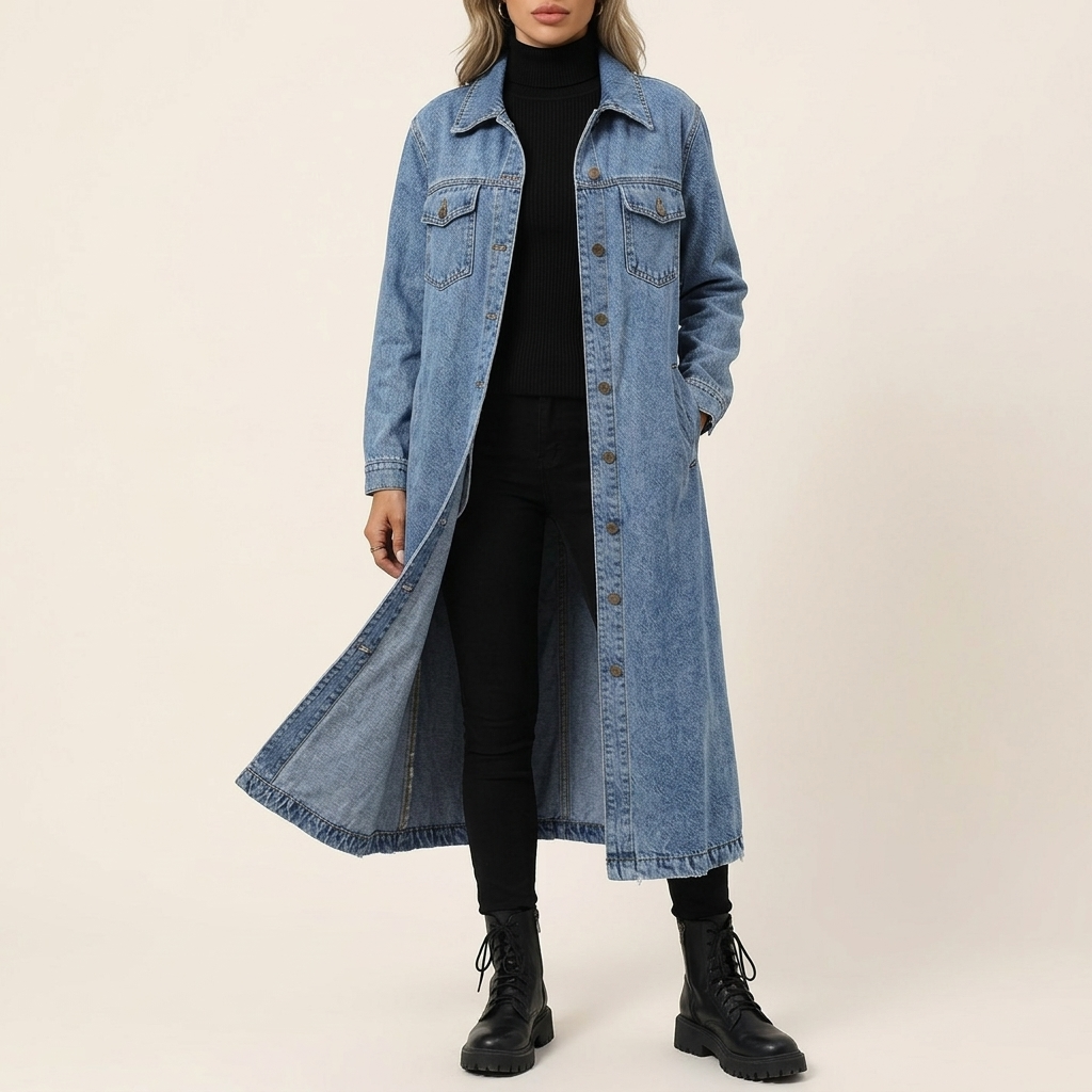Kaia Longline Denim Coat, front view 2