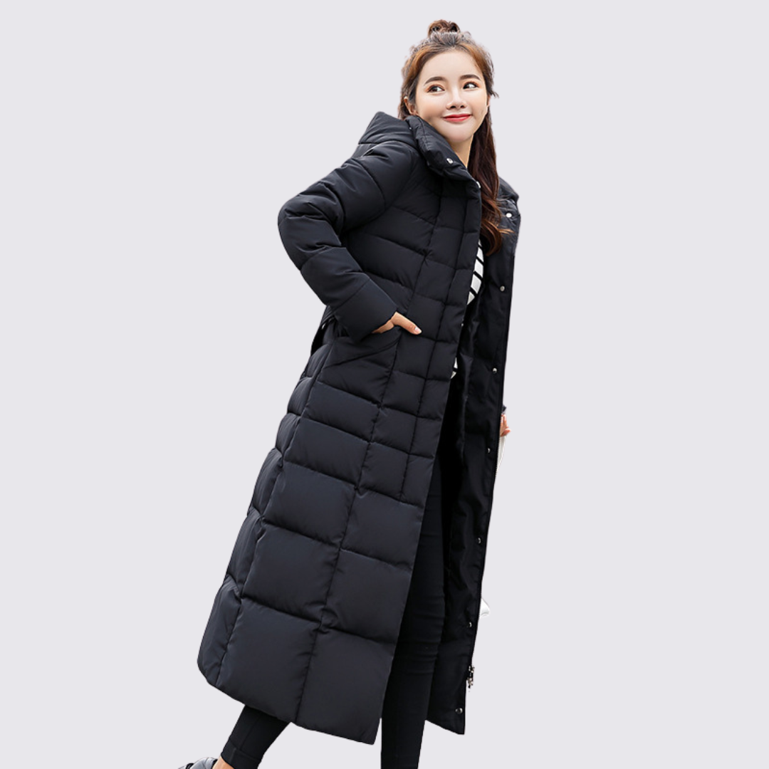 Leona Long Quilted Coat in Black, front view