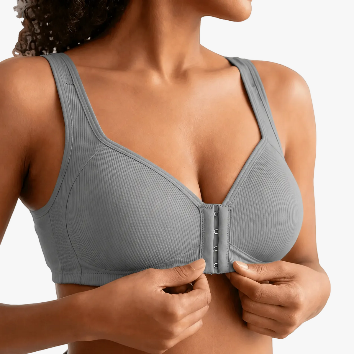 Marlowe Front-Close Ribbed Bra in Gray, front view