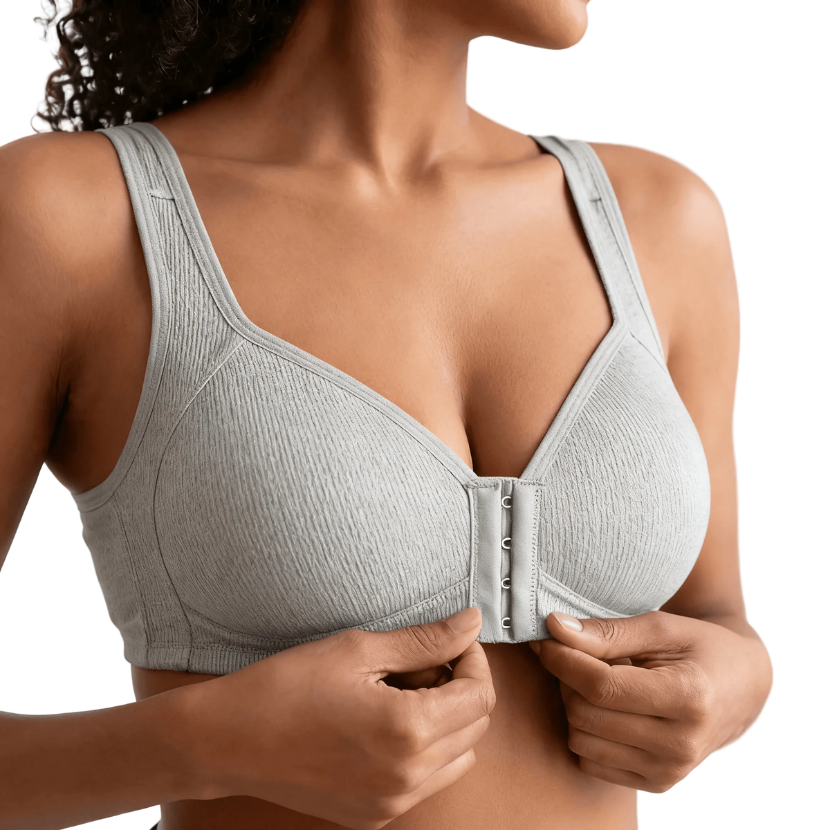 Marlowe Front-Close Ribbed Bra in Light Gray, front view