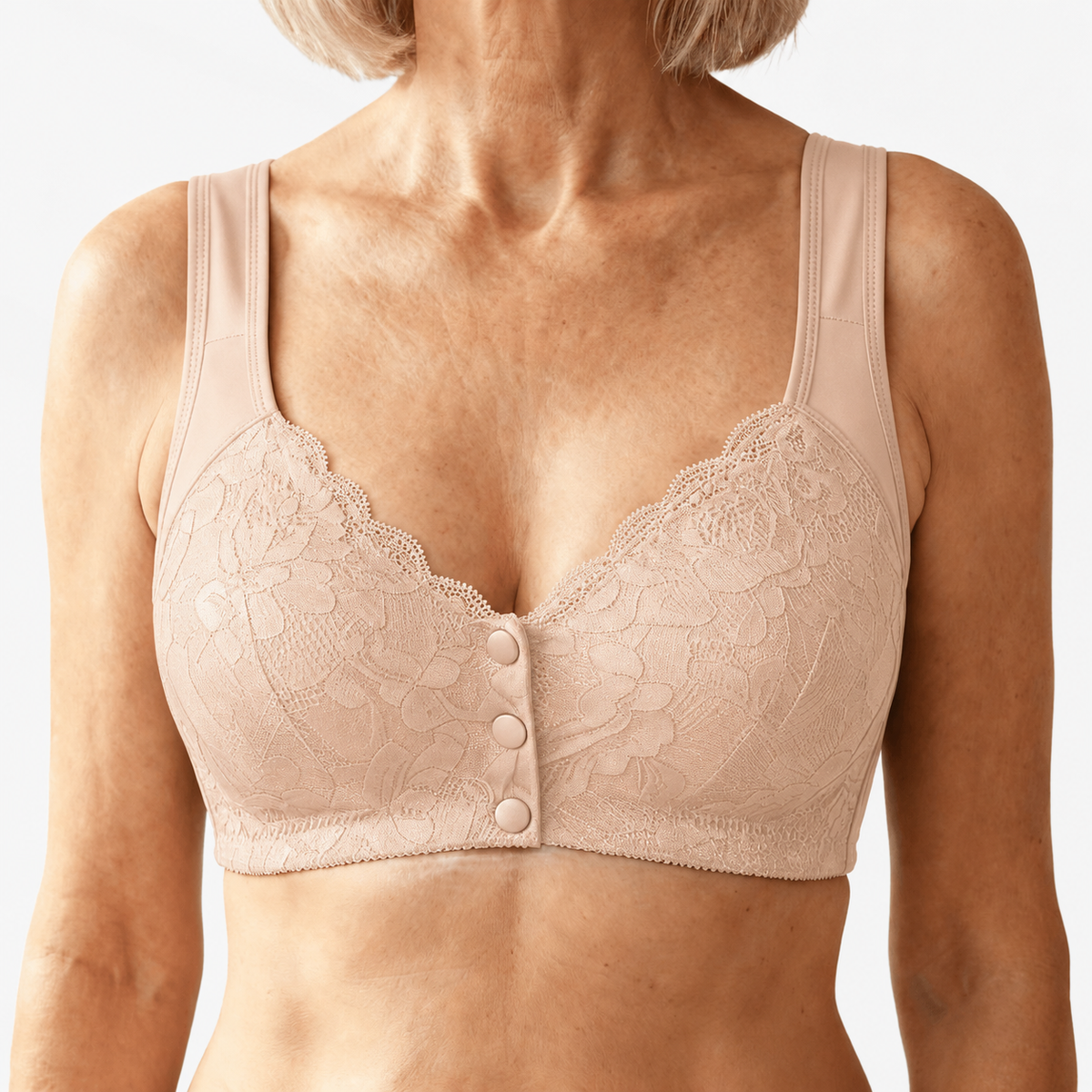 Odette Front-Snap Lace Bra in Nude, front view