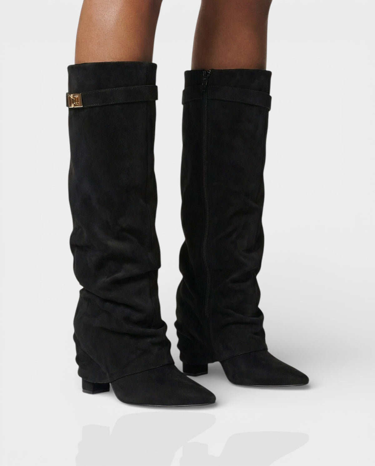 Tamsin Fold-Over Knee Boots in Black, front view