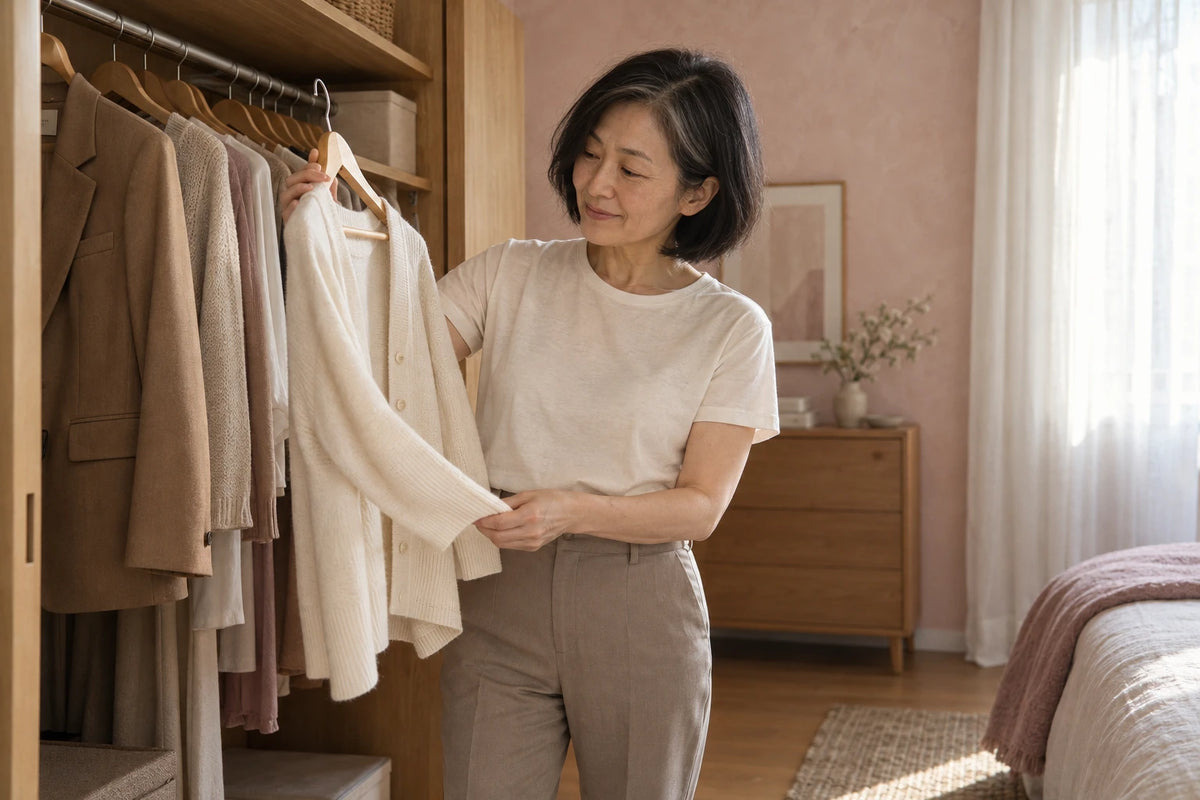 Woman choosing a cream cardigan from a wooden wardrobe in a bright bedroom with blush-pink walls