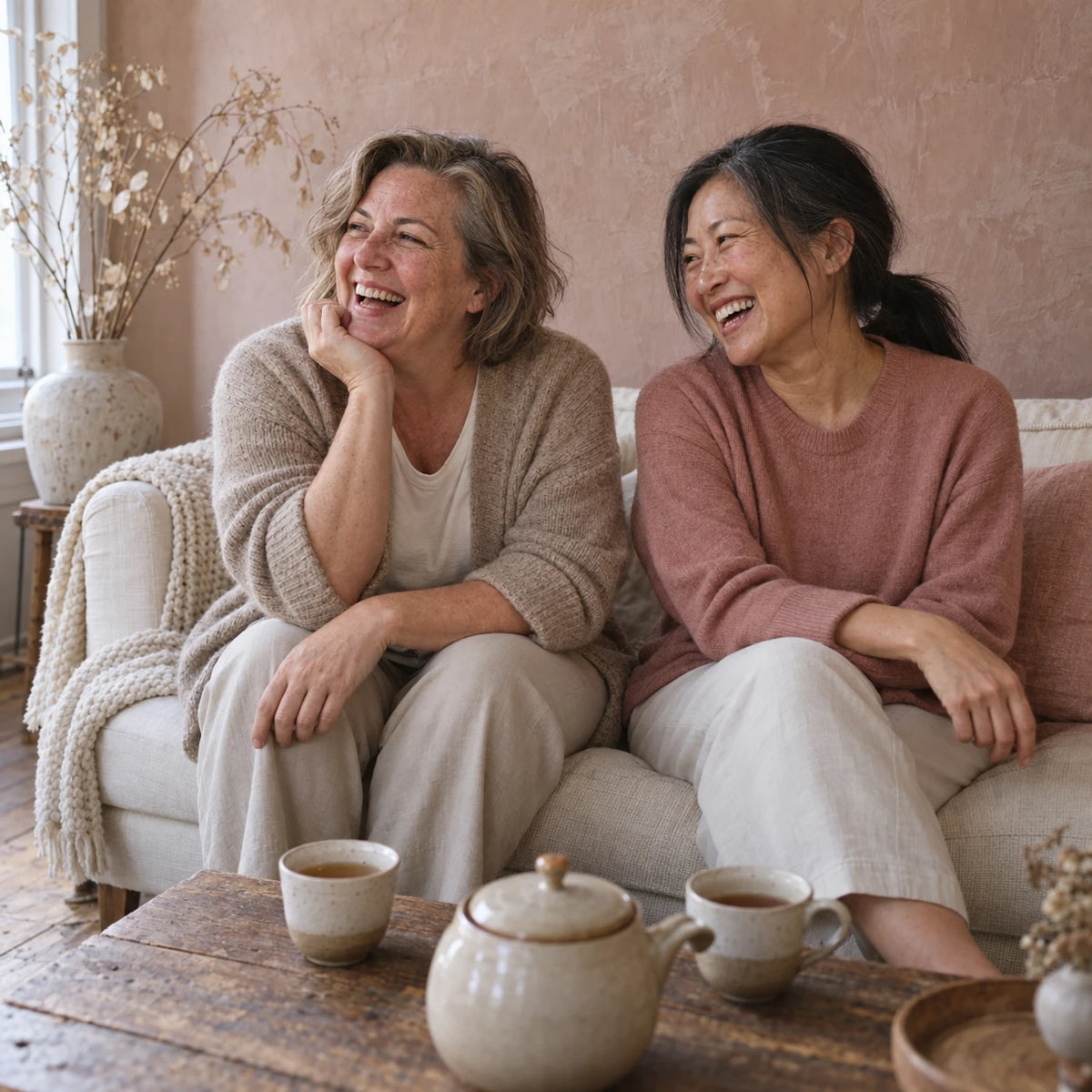 Two women laughing together on a cream sofa, one in an oatmeal cardigan and one in a dusty rose sweater