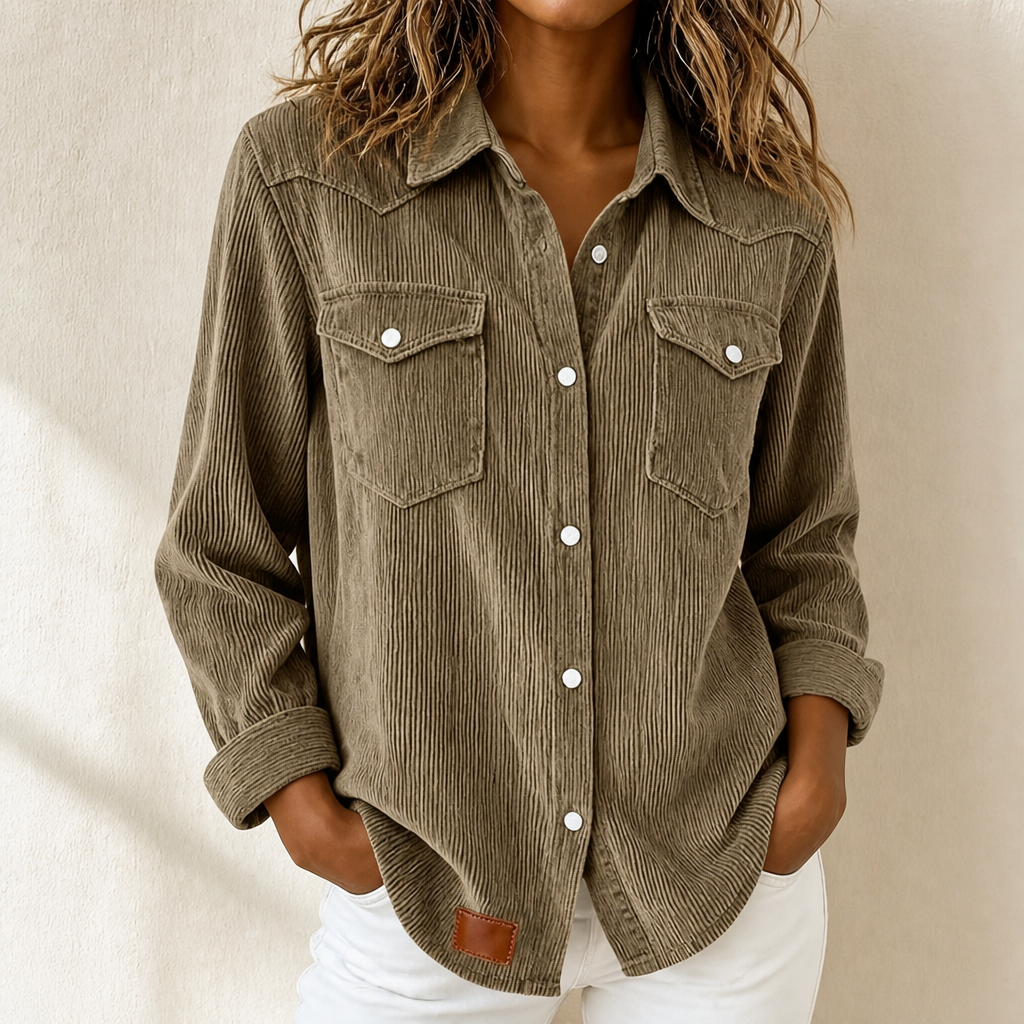 Winona Corduroy Shirt Jacket in Khaki, front view
