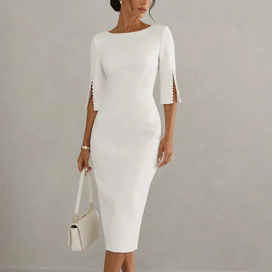 Anneliese Pearl-Sleeve Midi Dress in White, front view