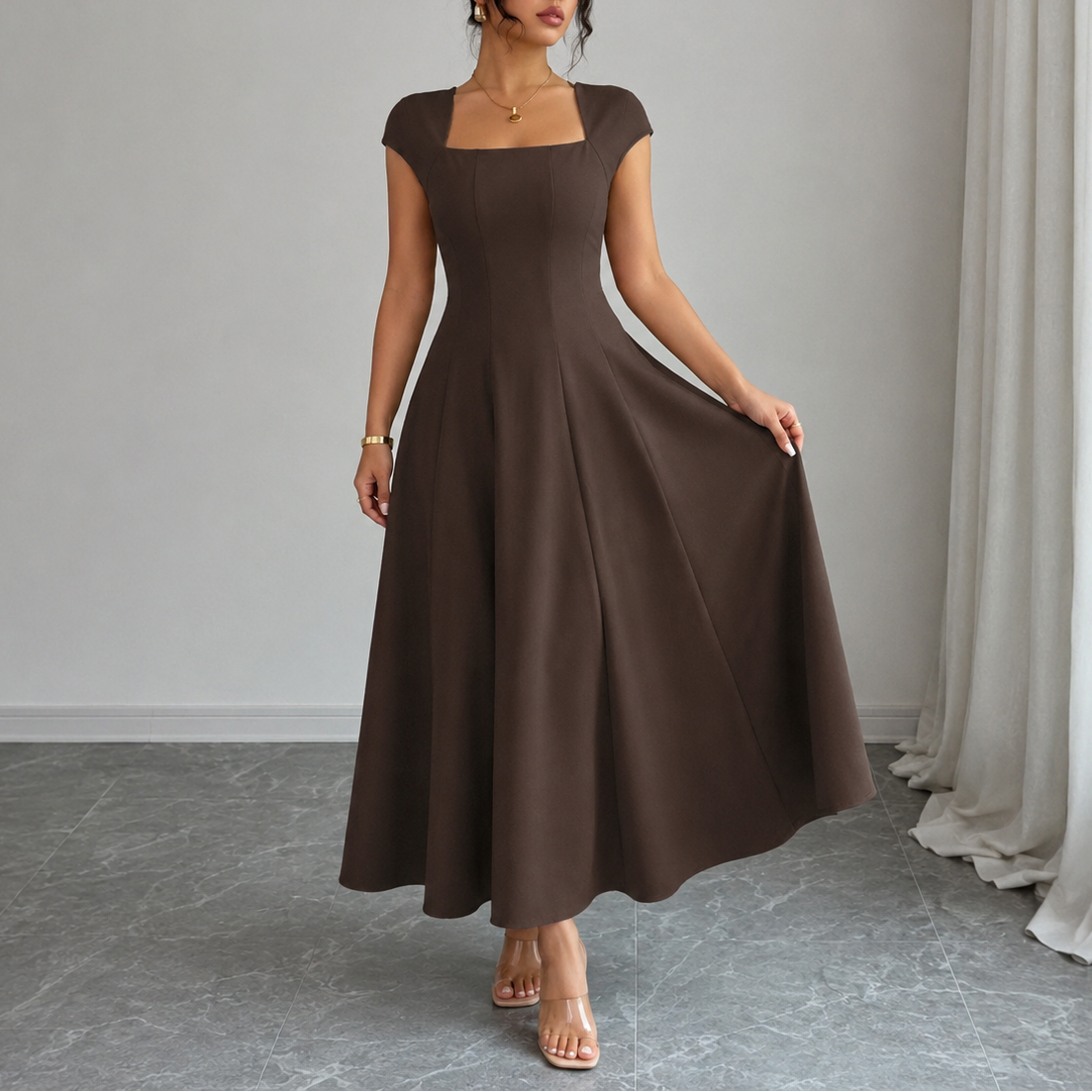 Aurelia Square-Neck Midi Dress in Brown, front view