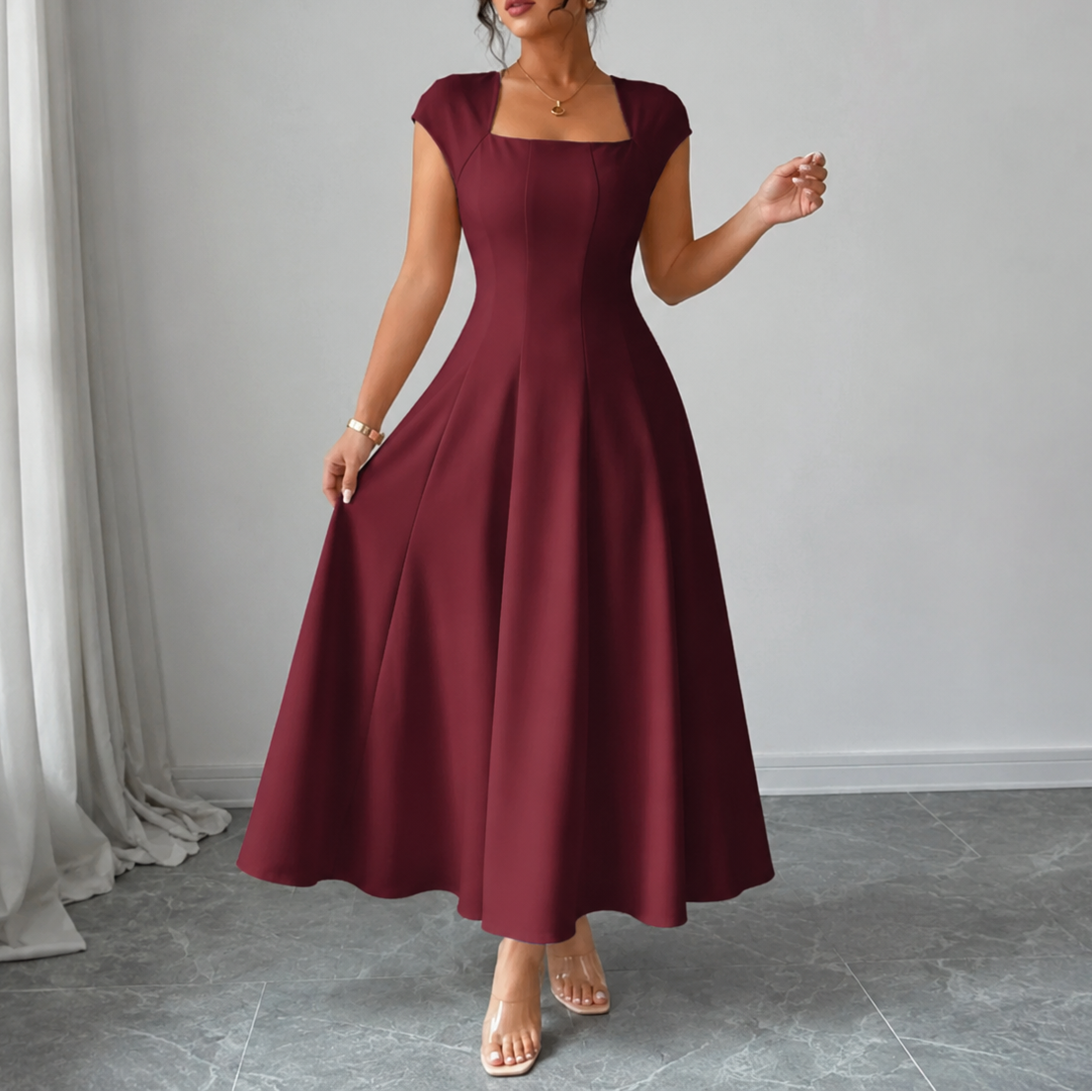 Aurelia Square-Neck Midi Dress in Burgundy, front view