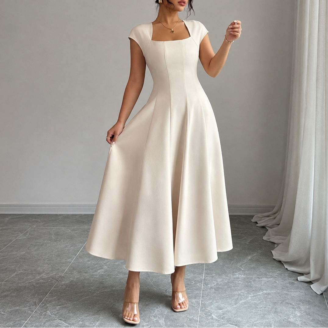 Aurelia Square-Neck Midi Dress in Ivory, front view