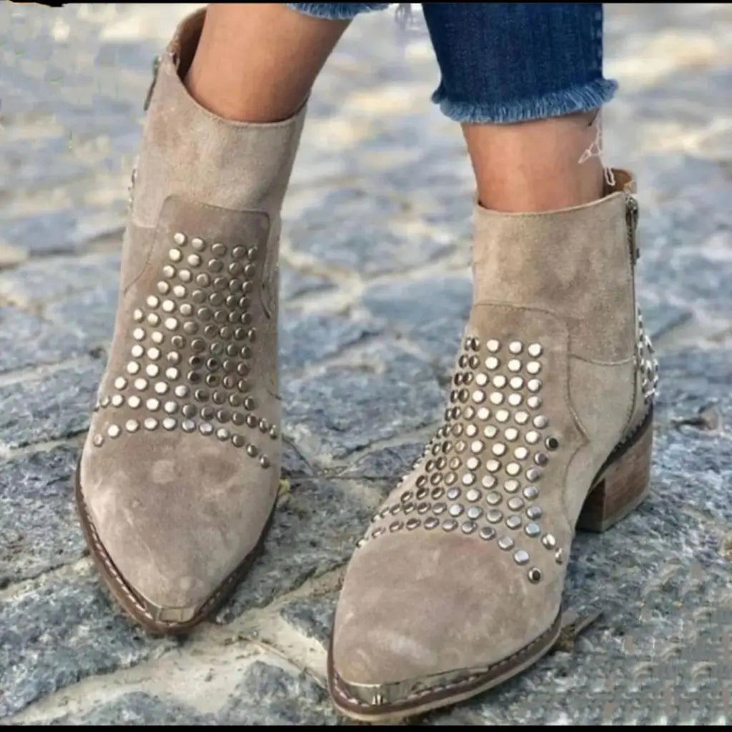 Delphine Studded Ankle Boots in Taupe, front view