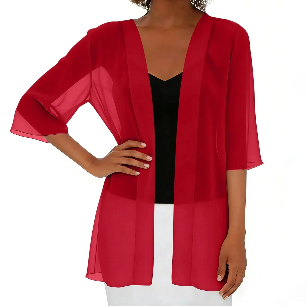 Esme Chiffon Open Cardigan in Red, front view