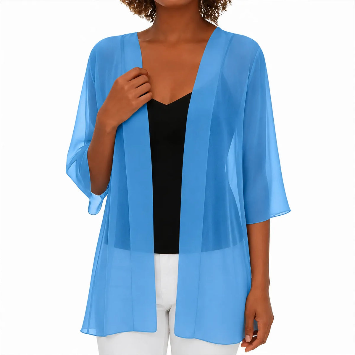 Esme Chiffon Open Cardigan in Sky Blue, front view