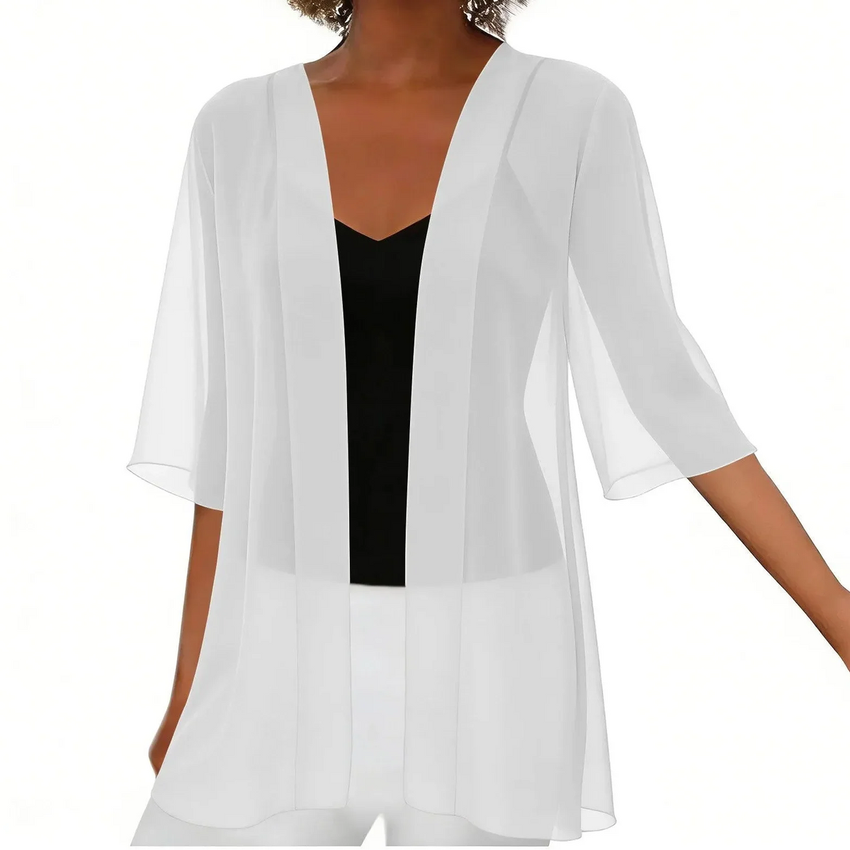 Esme Chiffon Open Cardigan in White, front view