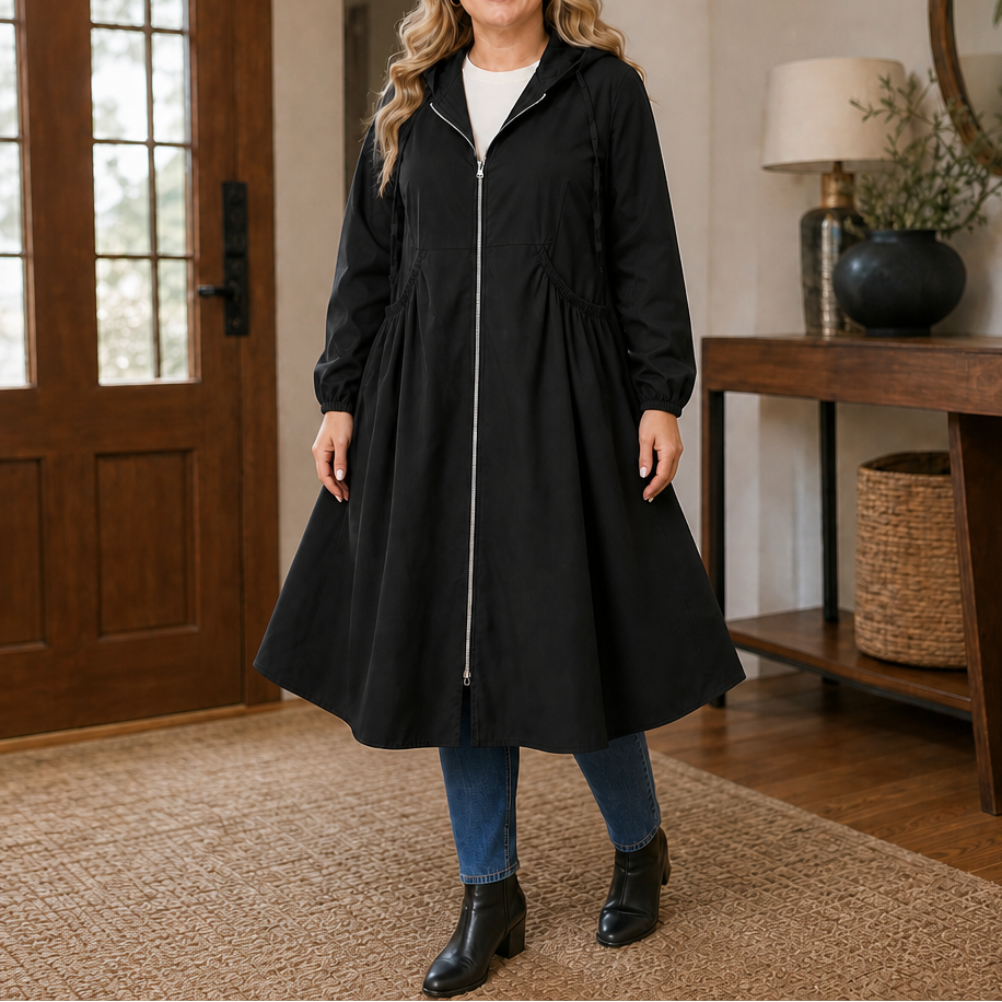 Giselle Peplum Rain Jacket in Black, front view