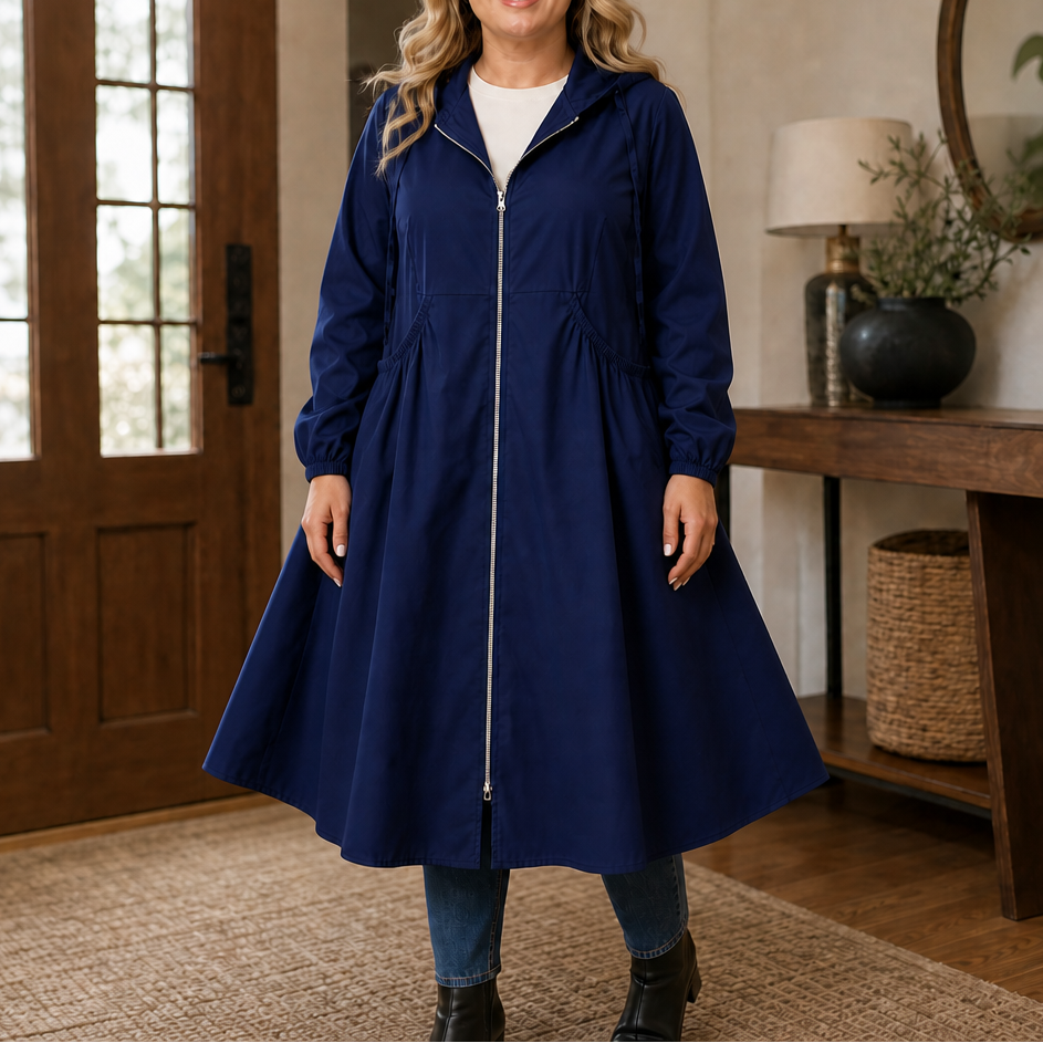 Giselle Peplum Rain Jacket in Navy, front view