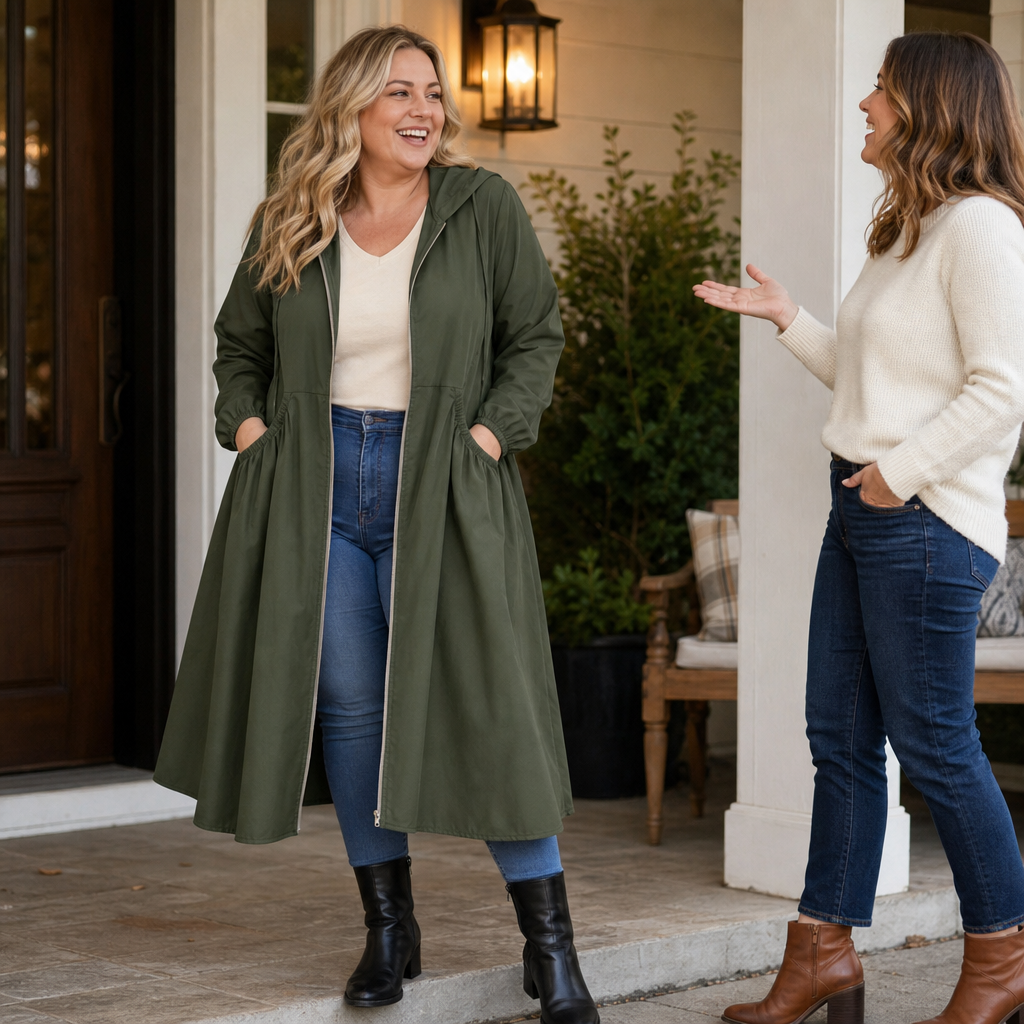 Giselle Peplum Rain Jacket, styled look