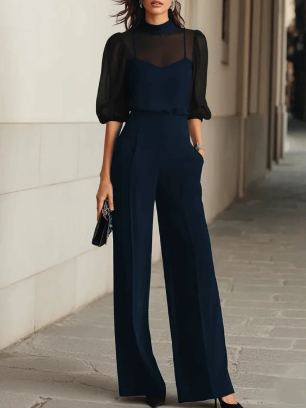Honor Chiffon Blouse Pants Set in Navy, front view
