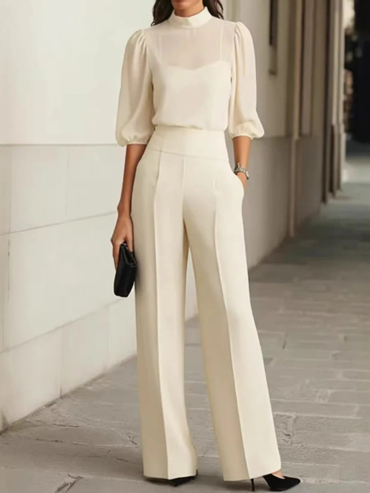 Honor Chiffon Blouse Pants Set in Off-White, front view