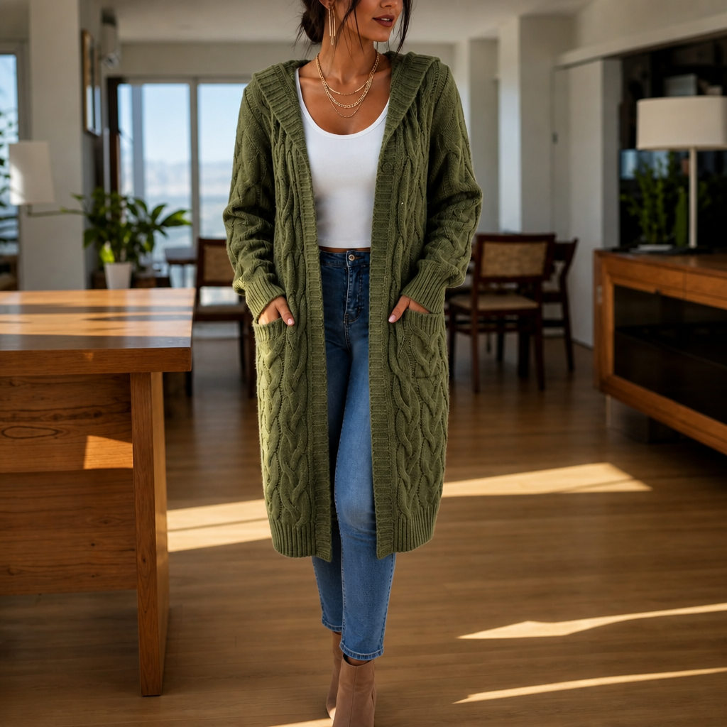 Imogen Hooded Cable-Knit Cardigan in Army Green, front view