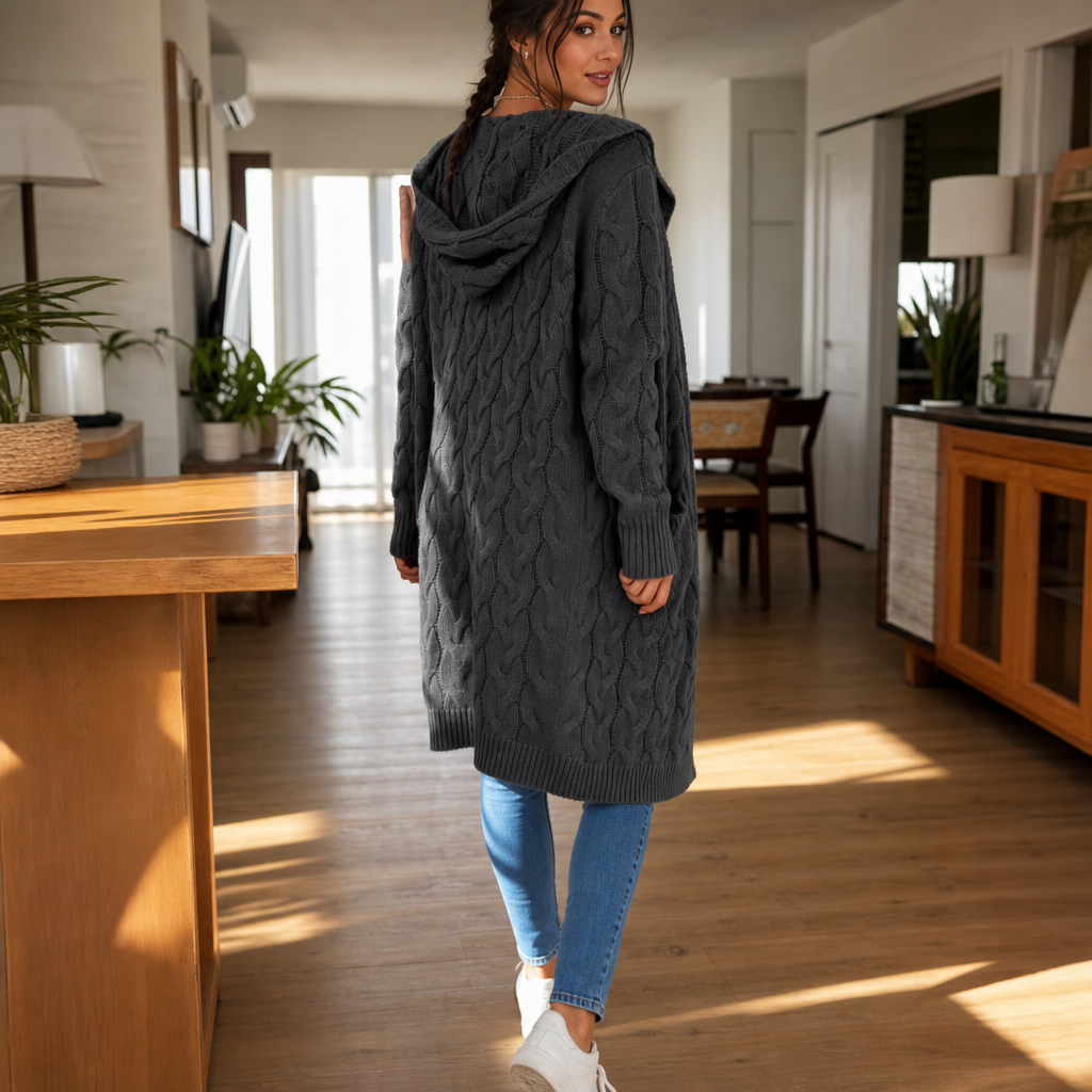 Imogen Hooded Cable-Knit Cardigan, back view