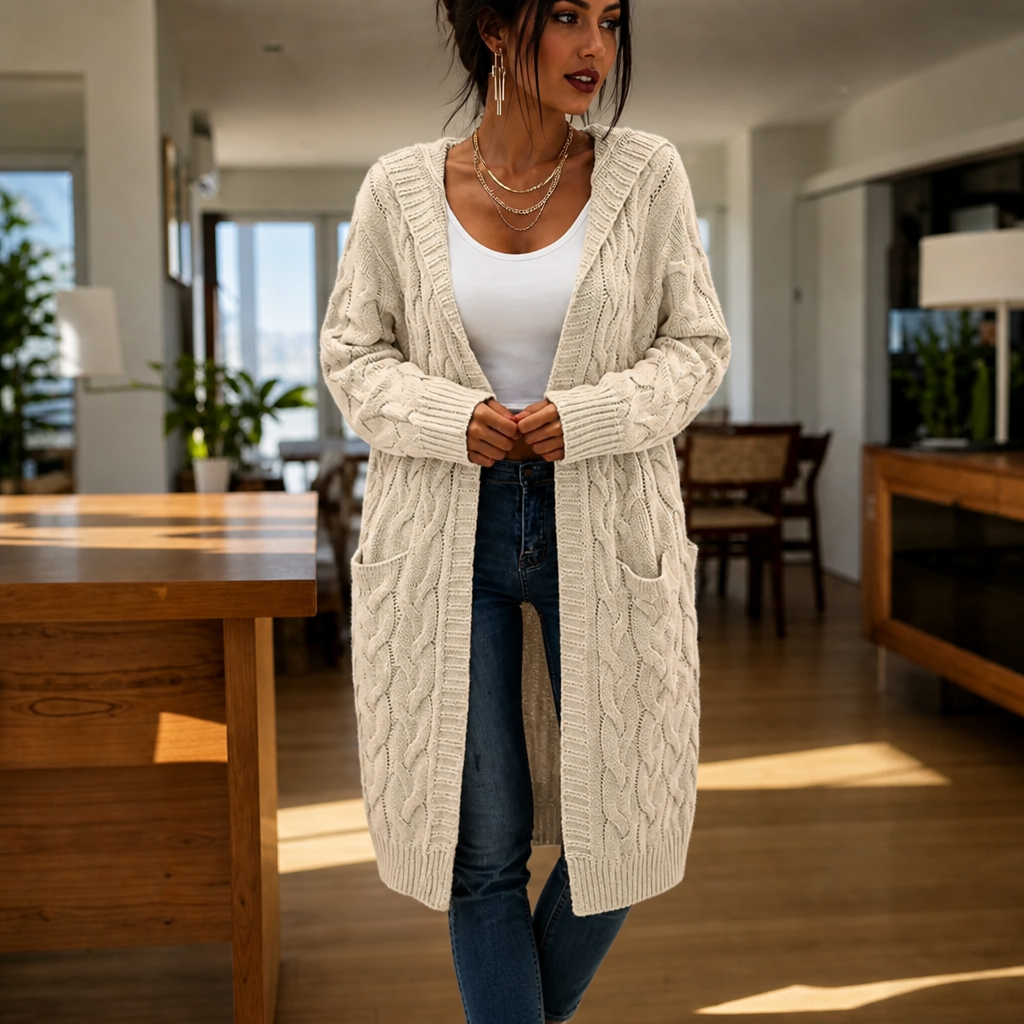 Imogen Hooded Cable-Knit Cardigan in Beige, front view