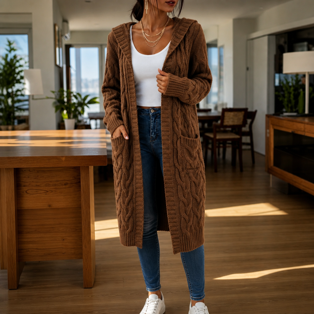 Imogen Hooded Cable-Knit Cardigan in Brown, front view