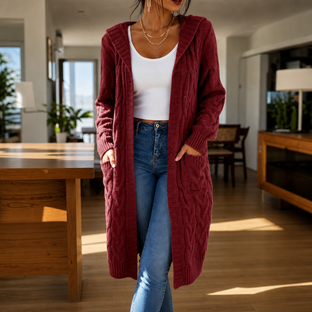 Imogen Hooded Cable-Knit Cardigan in Burgundy, front view