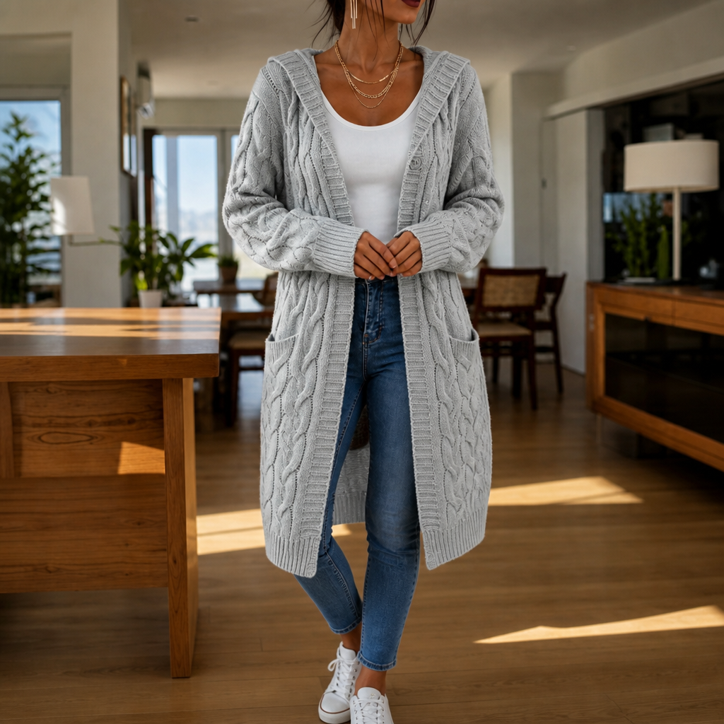 Imogen Hooded Cable-Knit Cardigan in Gray, front view