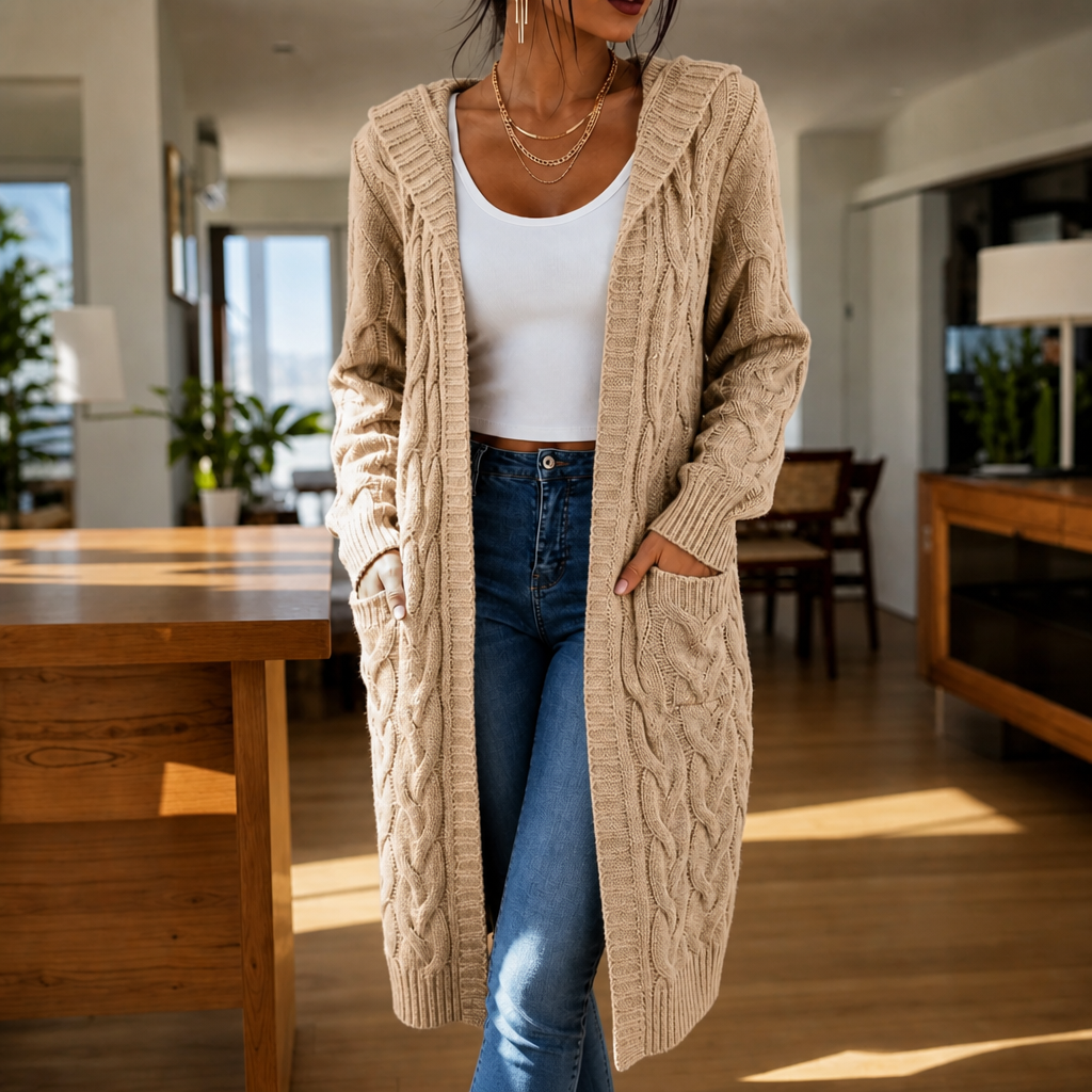 Imogen Hooded Cable-Knit Cardigan in Khaki, front view