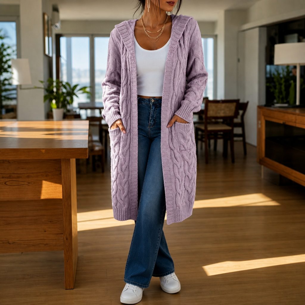 Imogen Hooded Cable-Knit Cardigan in Lavender, front view