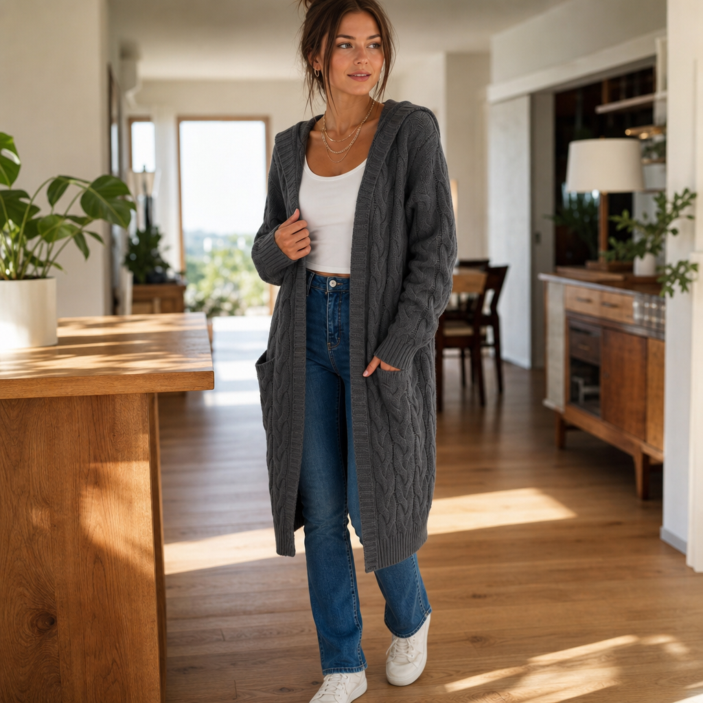 Imogen Hooded Cable-Knit Cardigan, styled look 2