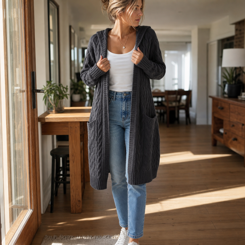 Imogen Hooded Cable-Knit Cardigan, styled look 4