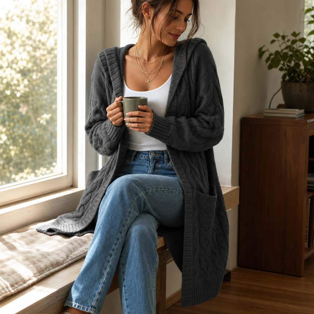 Imogen Hooded Cable-Knit Cardigan, styled look 5