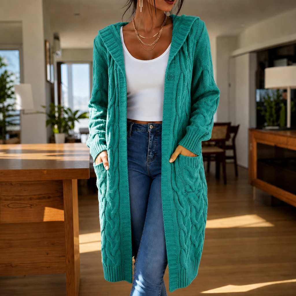 Imogen Hooded Cable-Knit Cardigan in Teal, front view