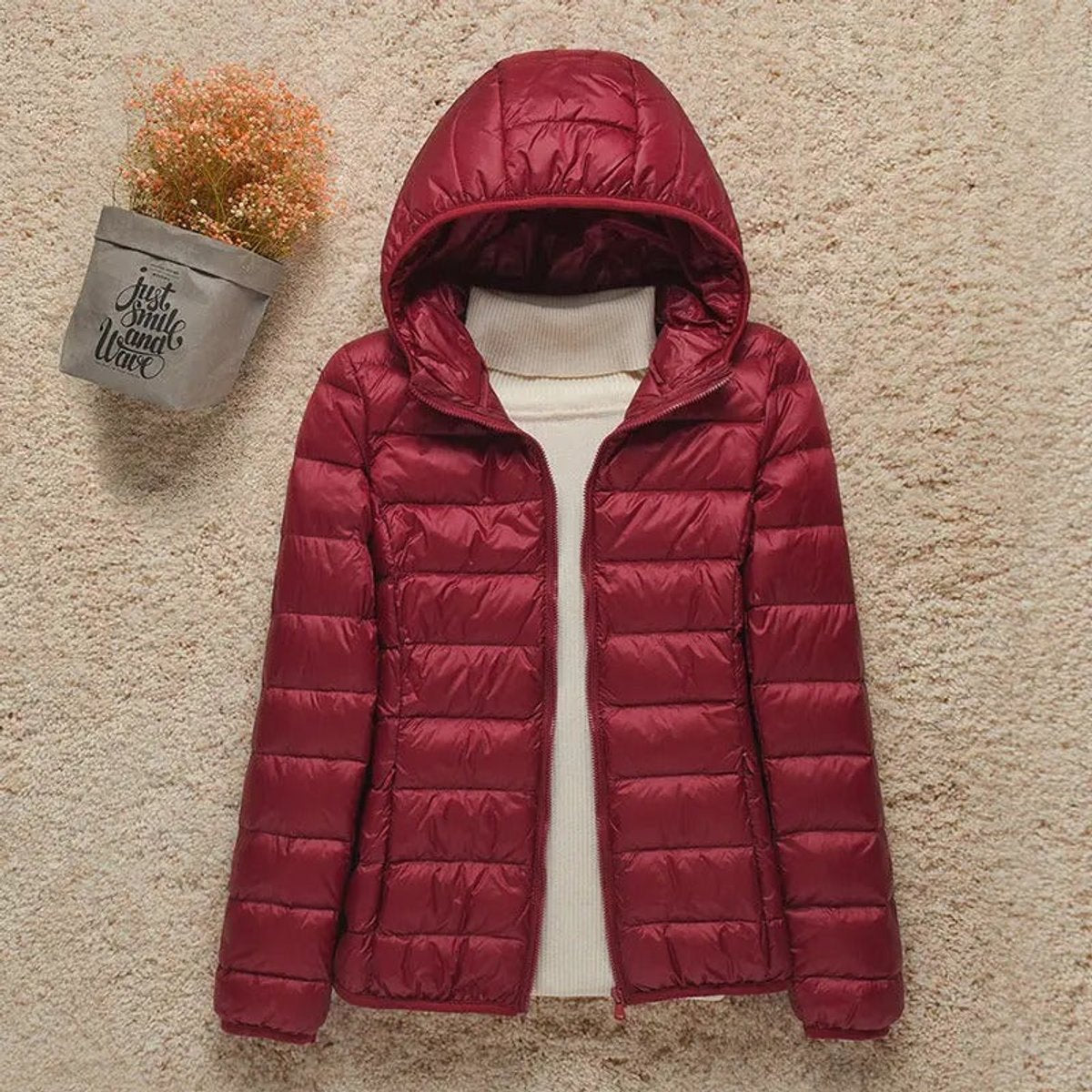 Juniper Packable Puffer Jacket in Burgundy, product photo