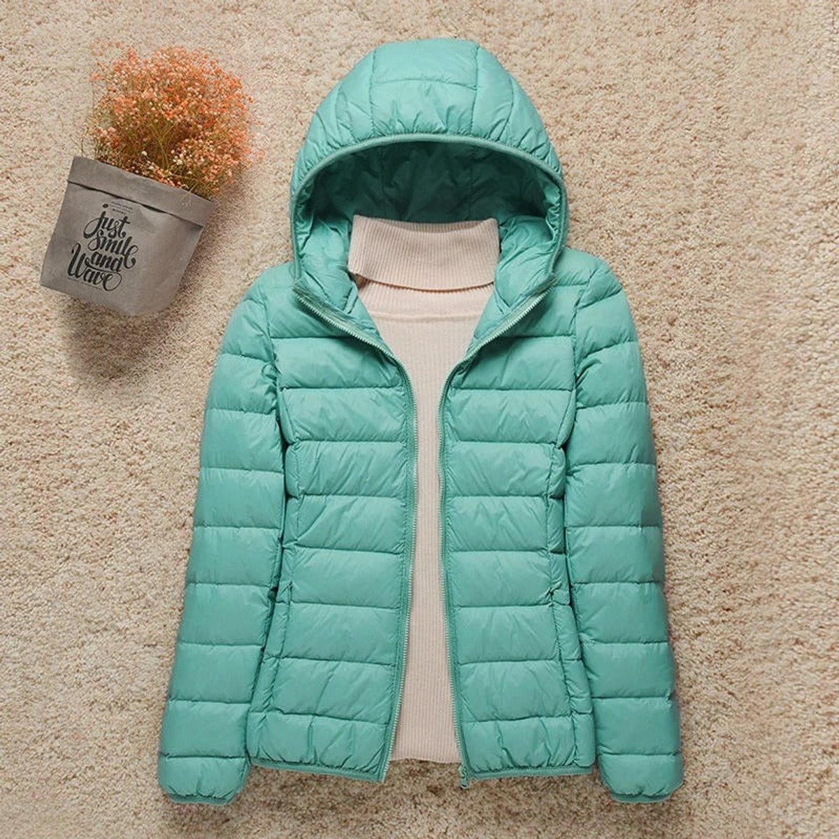 Juniper Packable Puffer Jacket in Turquoise, product photo