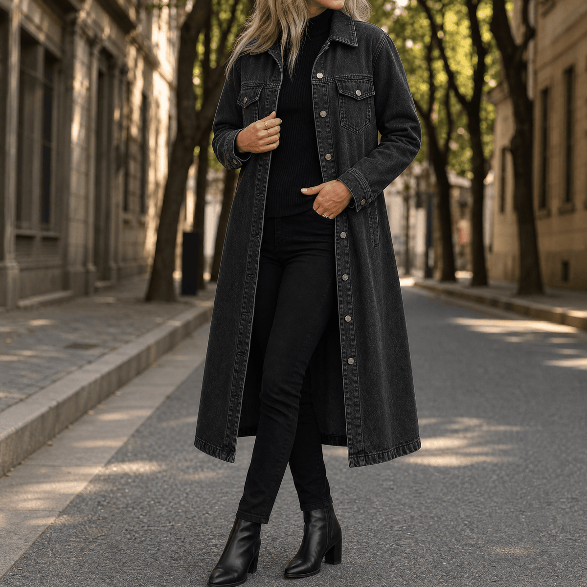 Kaia Longline Denim Coat in Black, front view