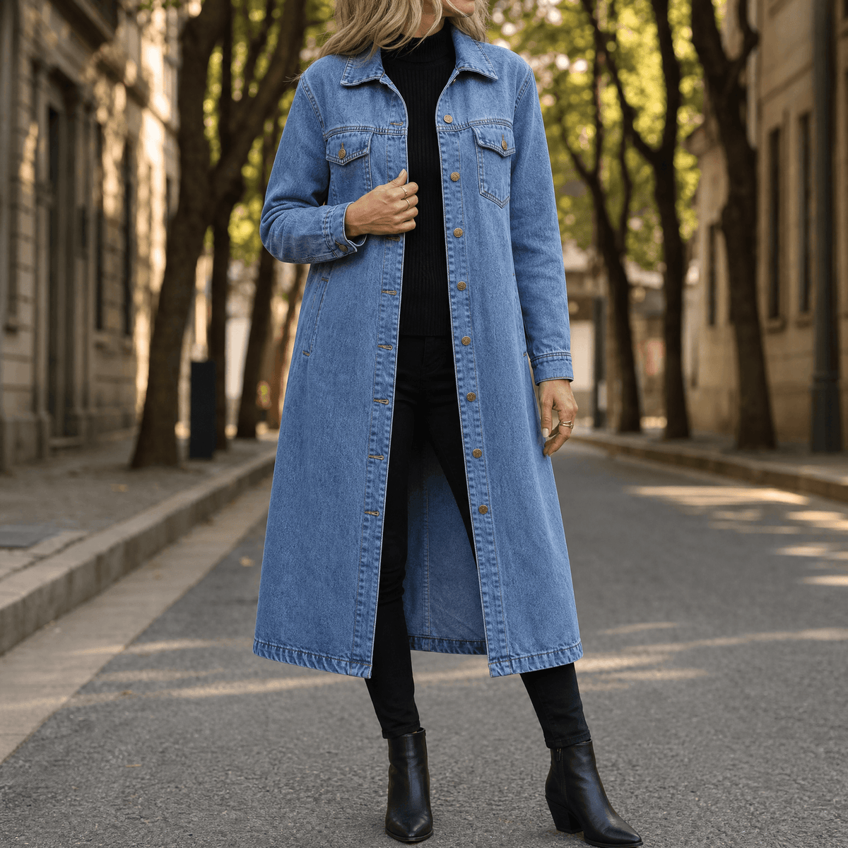Kaia Longline Denim Coat in Blue, front view