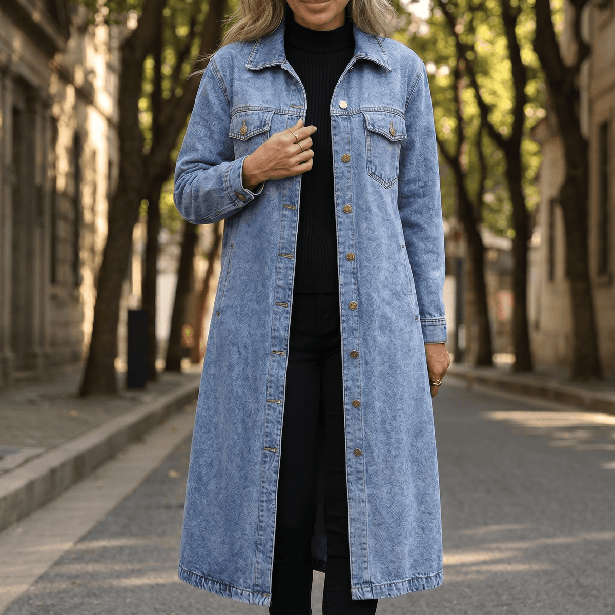 Kaia Longline Denim Coat, front view