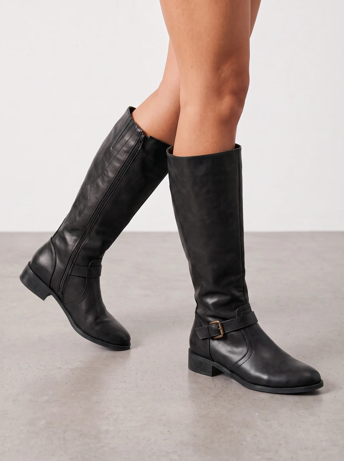 Kiera Buckle Riding Boots in Black, front view