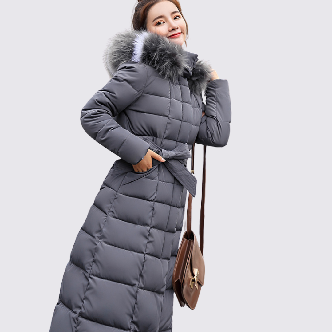 Leona Long Quilted Coat in Gray, front view