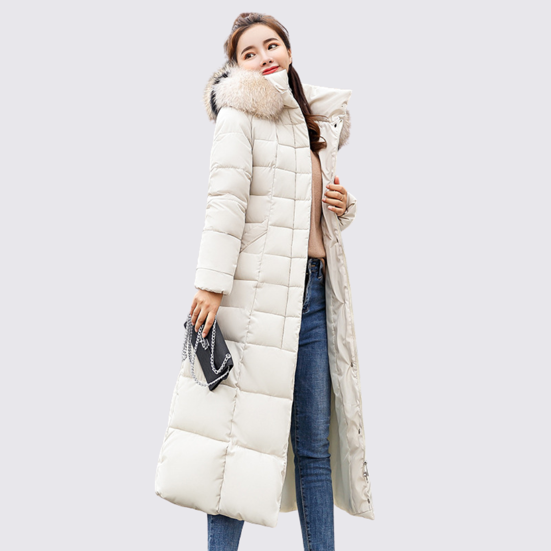 Leona Long Quilted Coat in White, front view