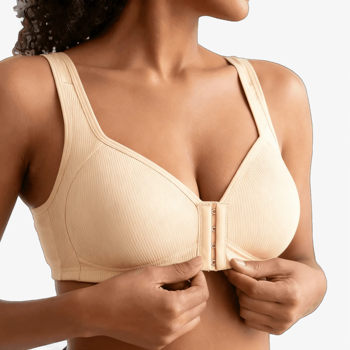Marlowe Front-Close Ribbed Bra in Beige, front view